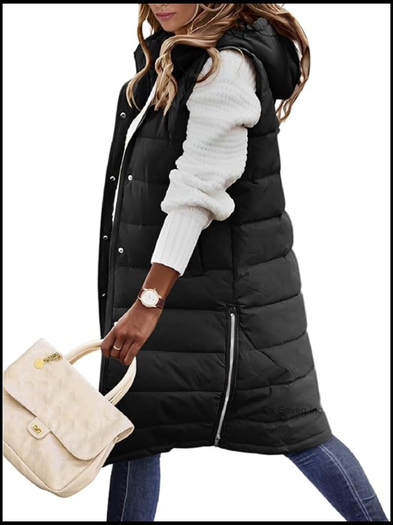 Long Down Hooded Puffer Vest With Pockets Winter Thick Sleeveless Jacket